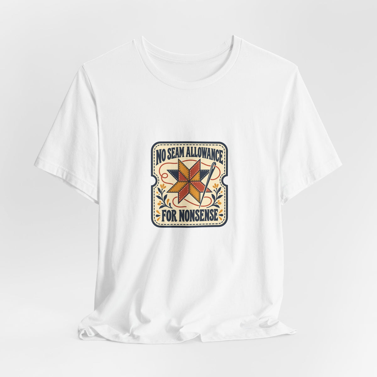 No Seam Allowance for Nonsense Quilting Shirt, White draped front, digital mockup