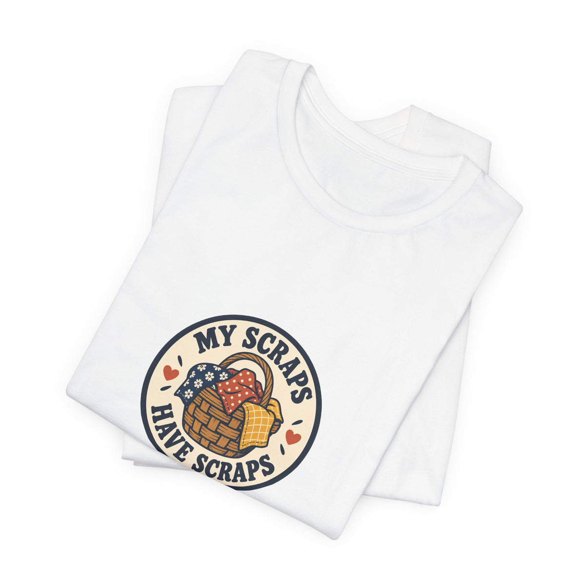 My Scraps Have Scraps Quilting Shirt, White folded detail, digital mockup