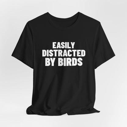 Easily Distracted by Birds Shirt, Black draped front, digital mockup