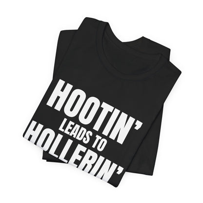Hootin' Leads to Hollerin' Shirt, Black folded detail, digital mockup