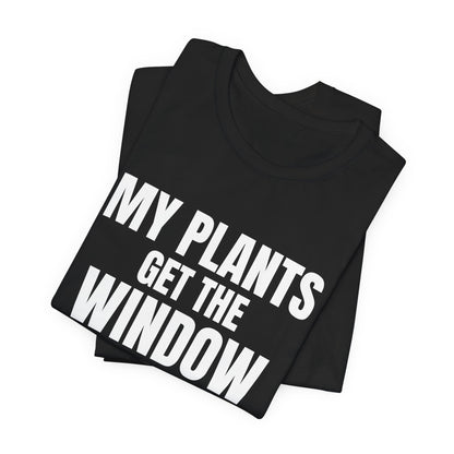 My Plants Get the Window Seat Shirt, Black folded view, digital mockup