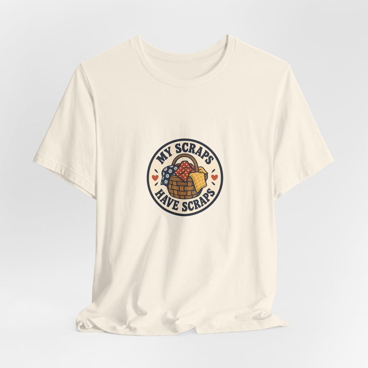 My Scraps Have Scraps Quilting Shirt, Natural draped front, digital mockup