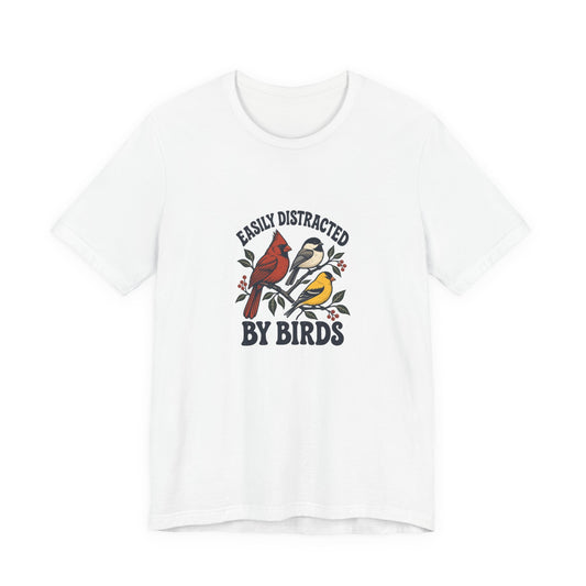 Easily Distracted by Birds Shirt, White front, digital product mockup