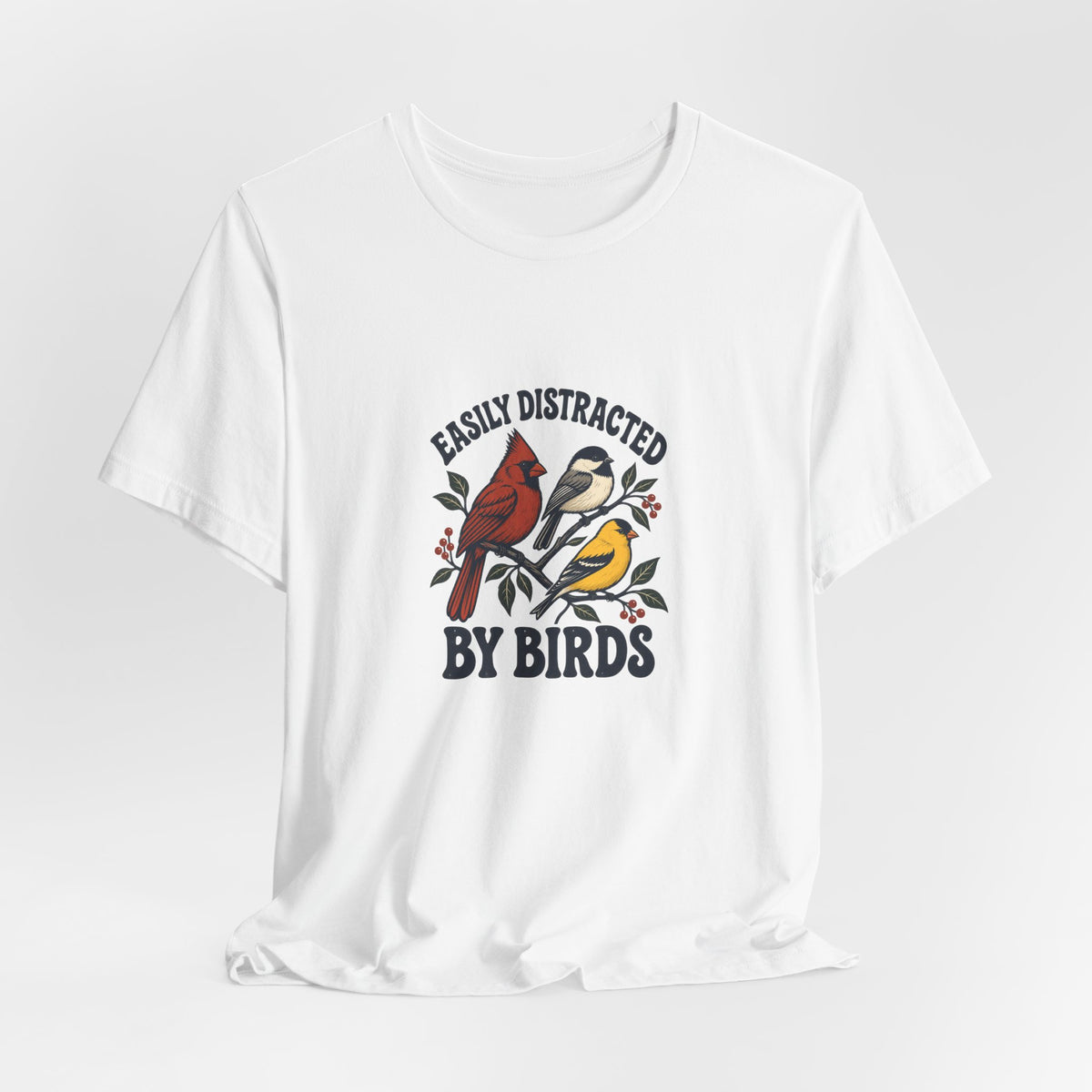 Easily Distracted by Birds Shirt, White draped front, digital mockup