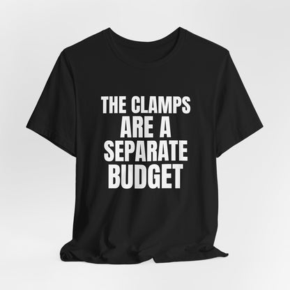 The Clamps Are a Separate Budget Woodworking Shirt, Black hanging view, digital mockup