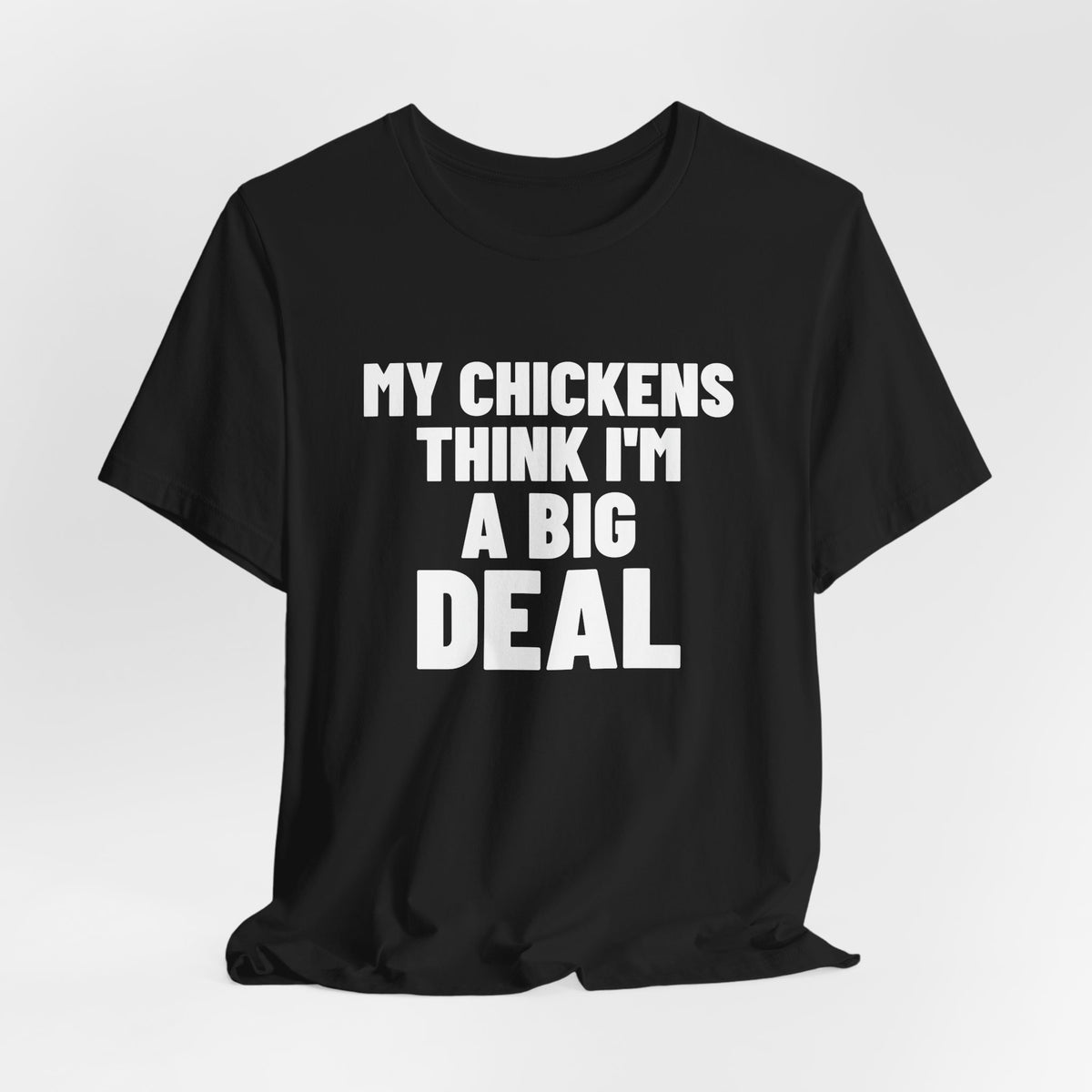My Chickens Think I'm a Big Deal Shirt, Black hanging view, digital mockup