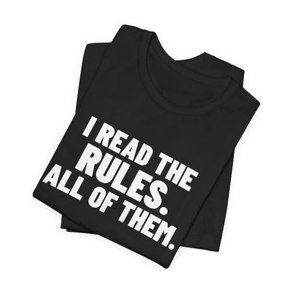I Read the Rules All of Them Board Game Shirt, Black folded view, digital mockup