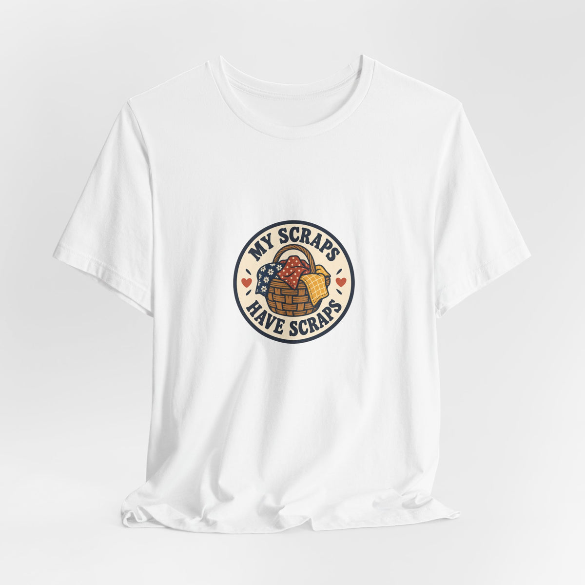 My Scraps Have Scraps Quilting Shirt, White draped front, digital mockup