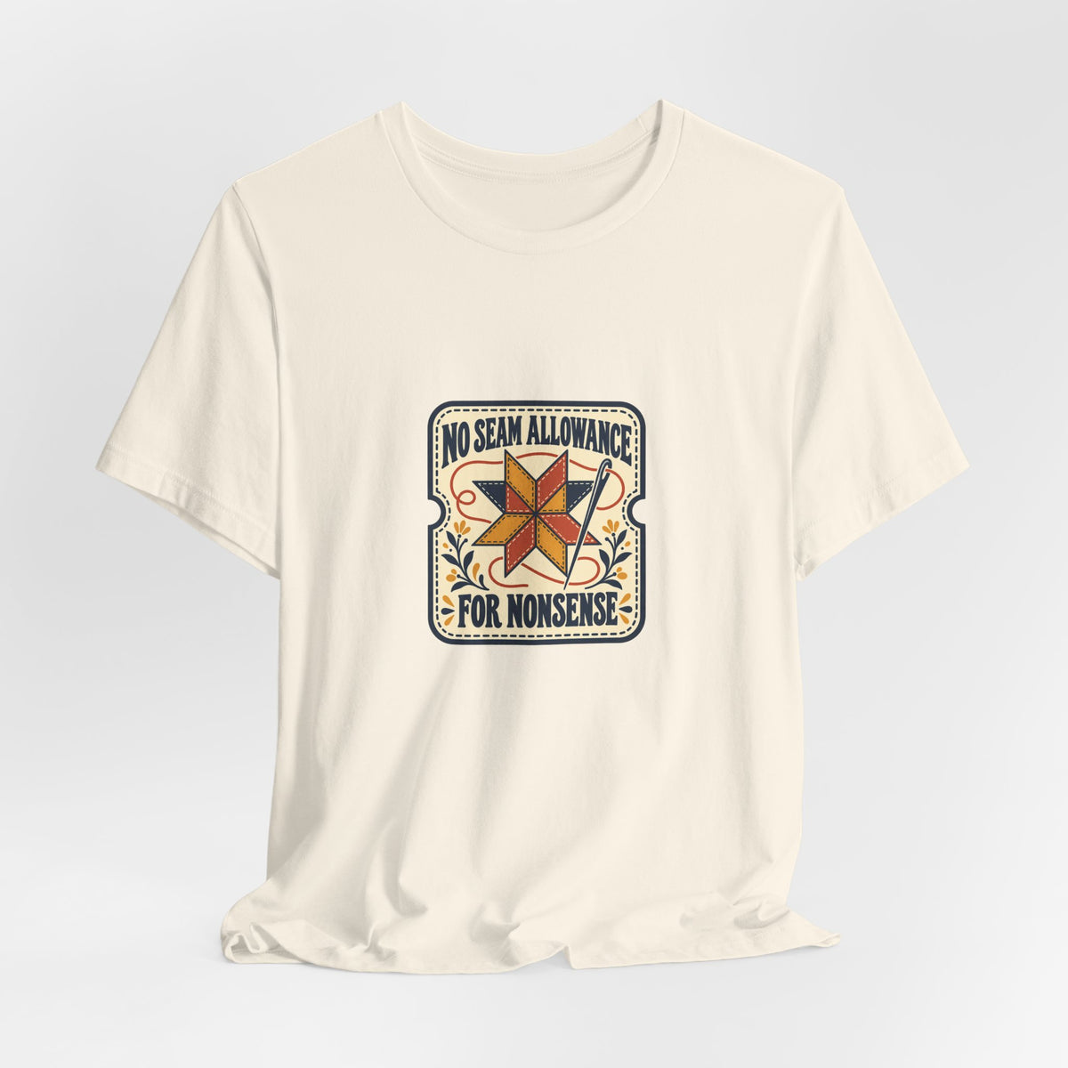 No Seam Allowance for Nonsense Quilting Shirt, Natural draped front, digital mockup