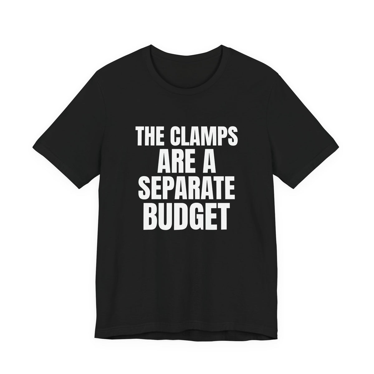 The Clamps Are a Separate Budget Woodworking Shirt, Black front view, digital mockup