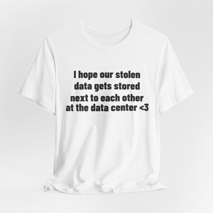 I Hope Our Stolen Data Shirt, White hanging view, digital mockup